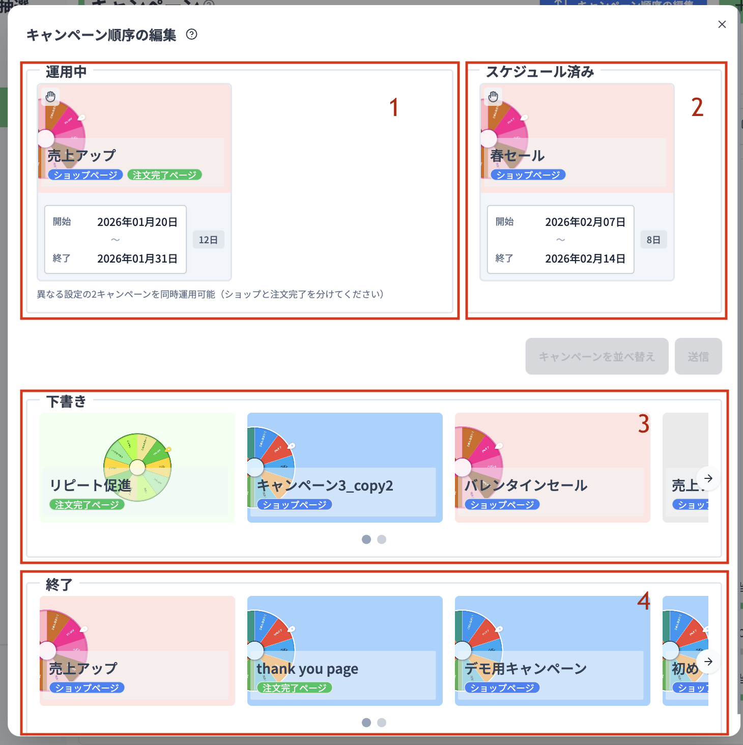 キャンペーン順序の編集モーダルの説明図